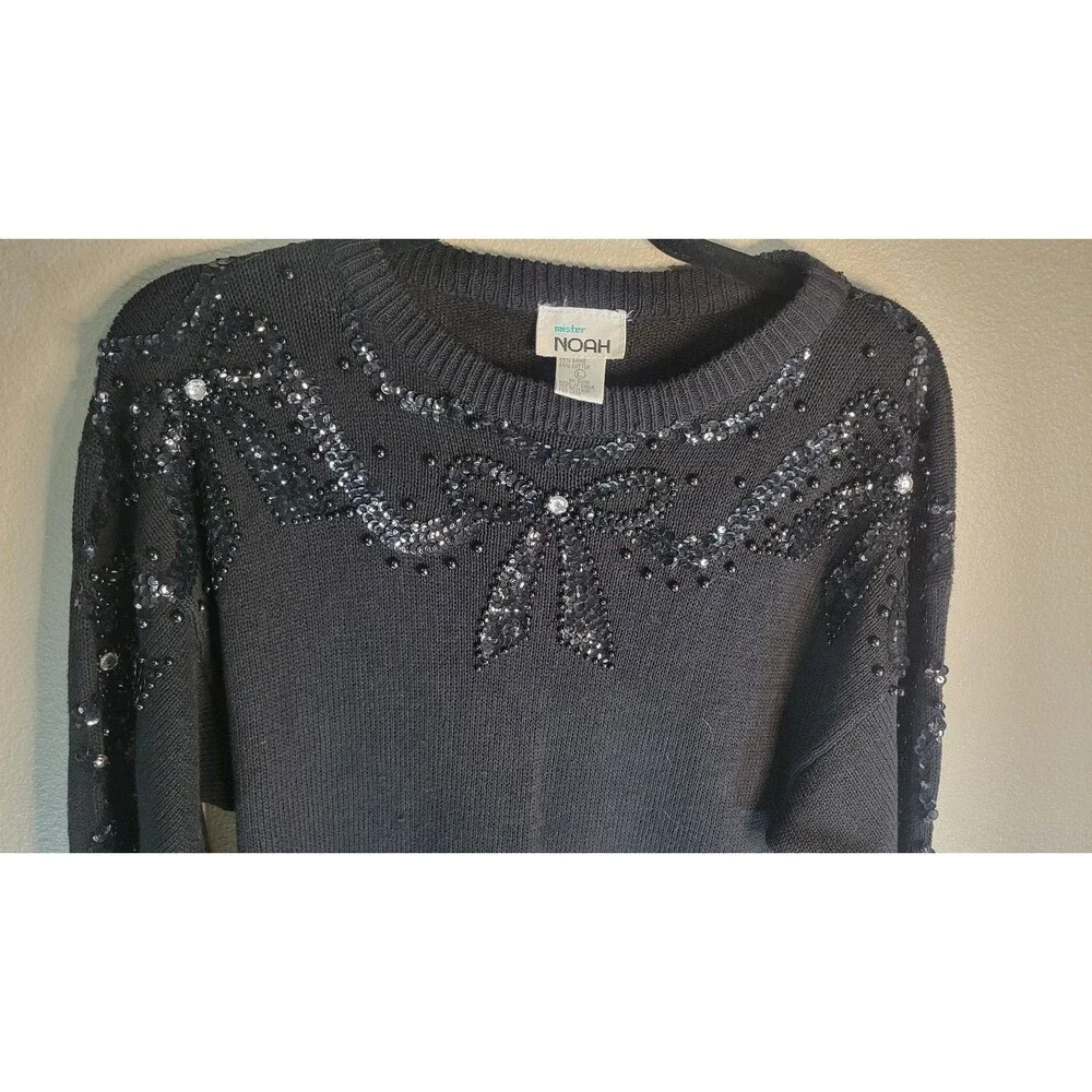 Vintage Mister Noah Black Sequin Beaded Bow Sweater Dress L Ramie Cotton 80s 90s